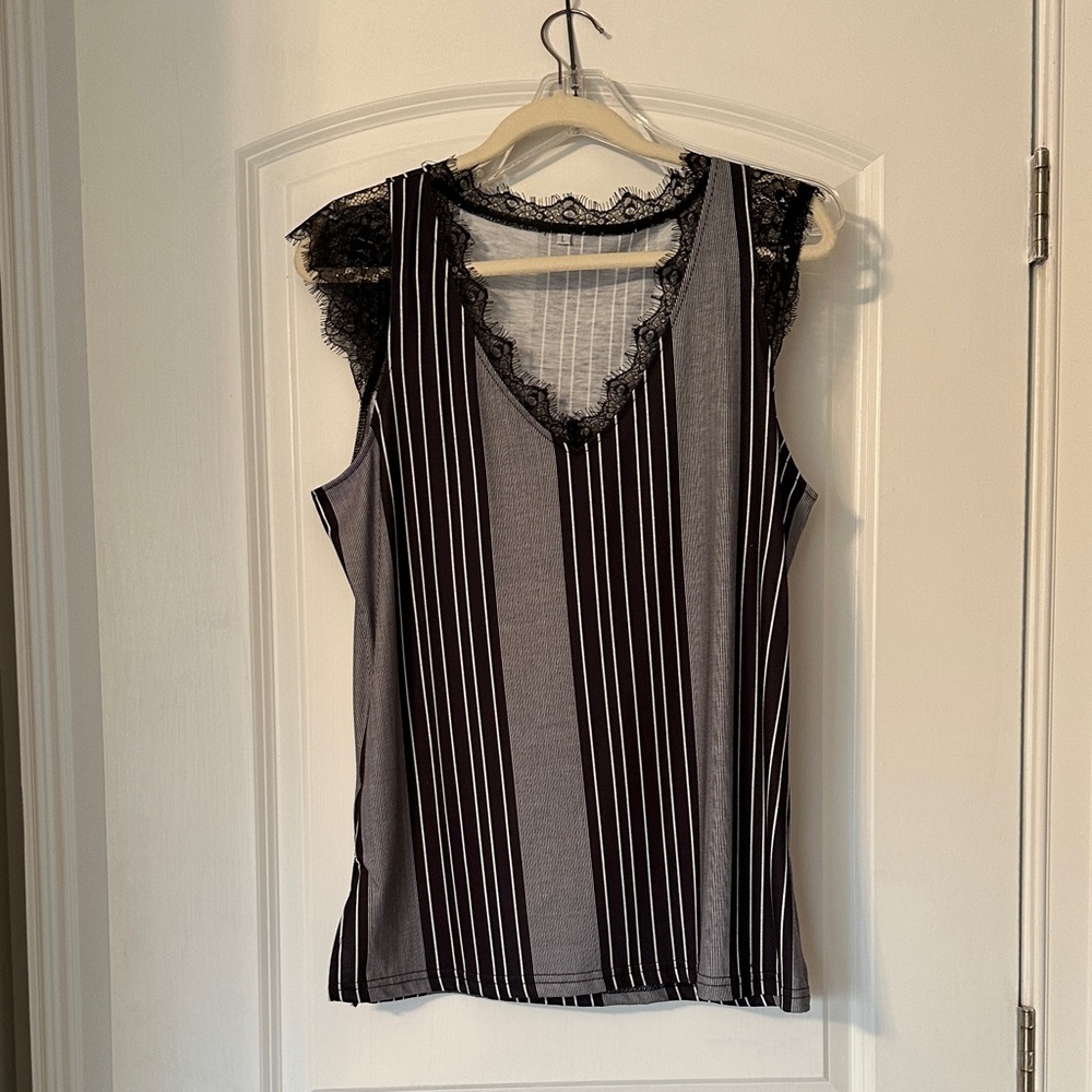 Black and White Striped Lace Trim Top